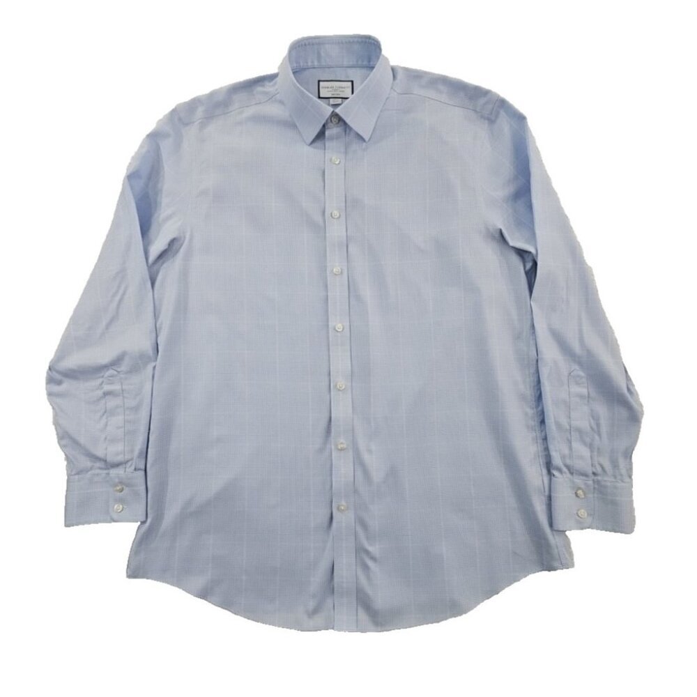 Charles Tyrwhitt Shirt Men's 17 1/2 - 36 Blue Houndstooth Non-Iron‎ Slim Fit EUC